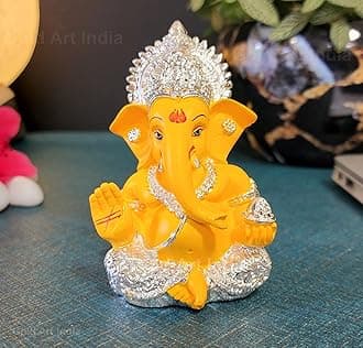 Gold Art India 999 Silver Plated Ganesh Idol for Car Dashboard God Ganesha Idol for Home Decor Ganpati for Gift Office Table Shelves Gifting Idol 3.5 inches Silver Mango, Idol