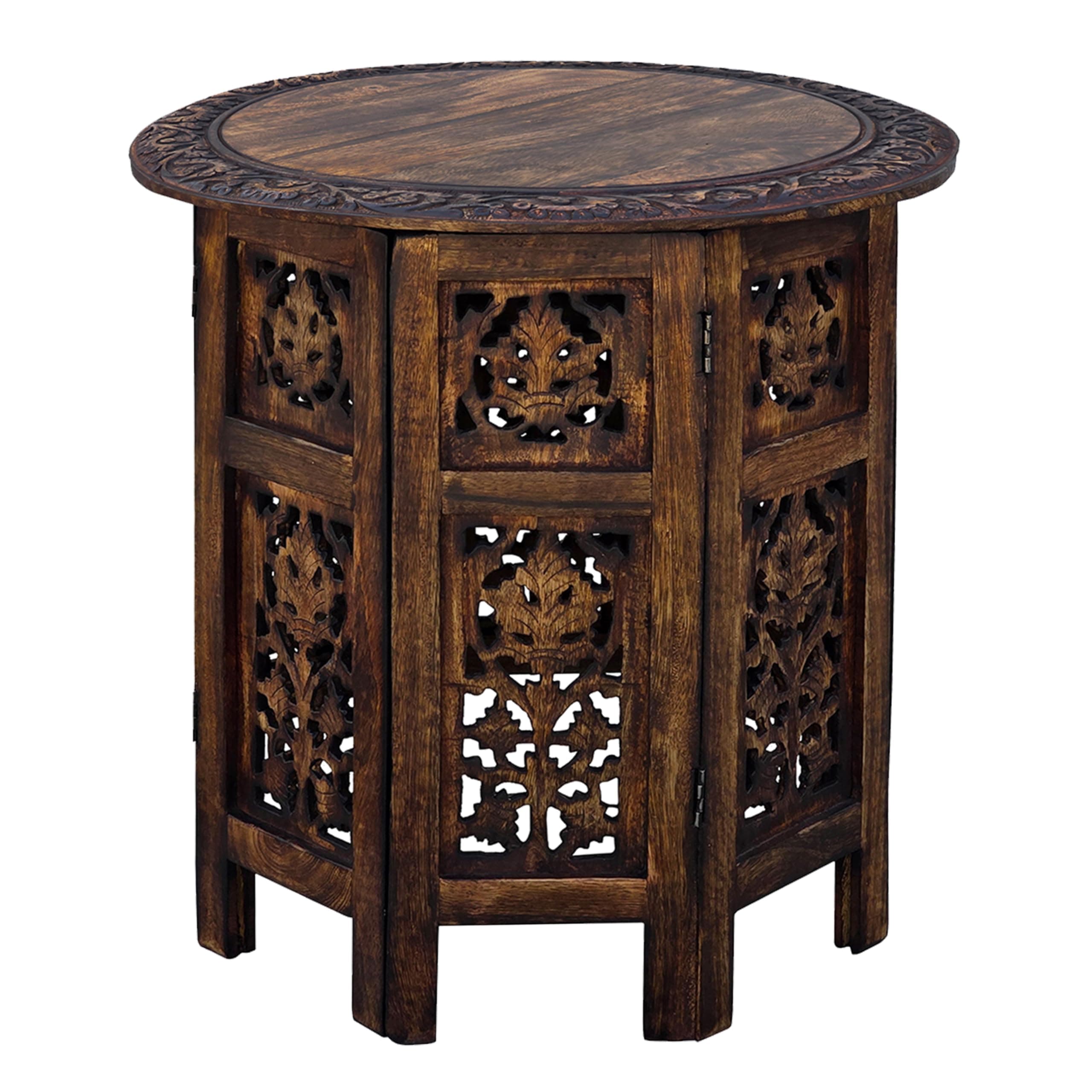 18 Inch Mango Wood Folding Accent Table, Hand Carved, Walnut Brown