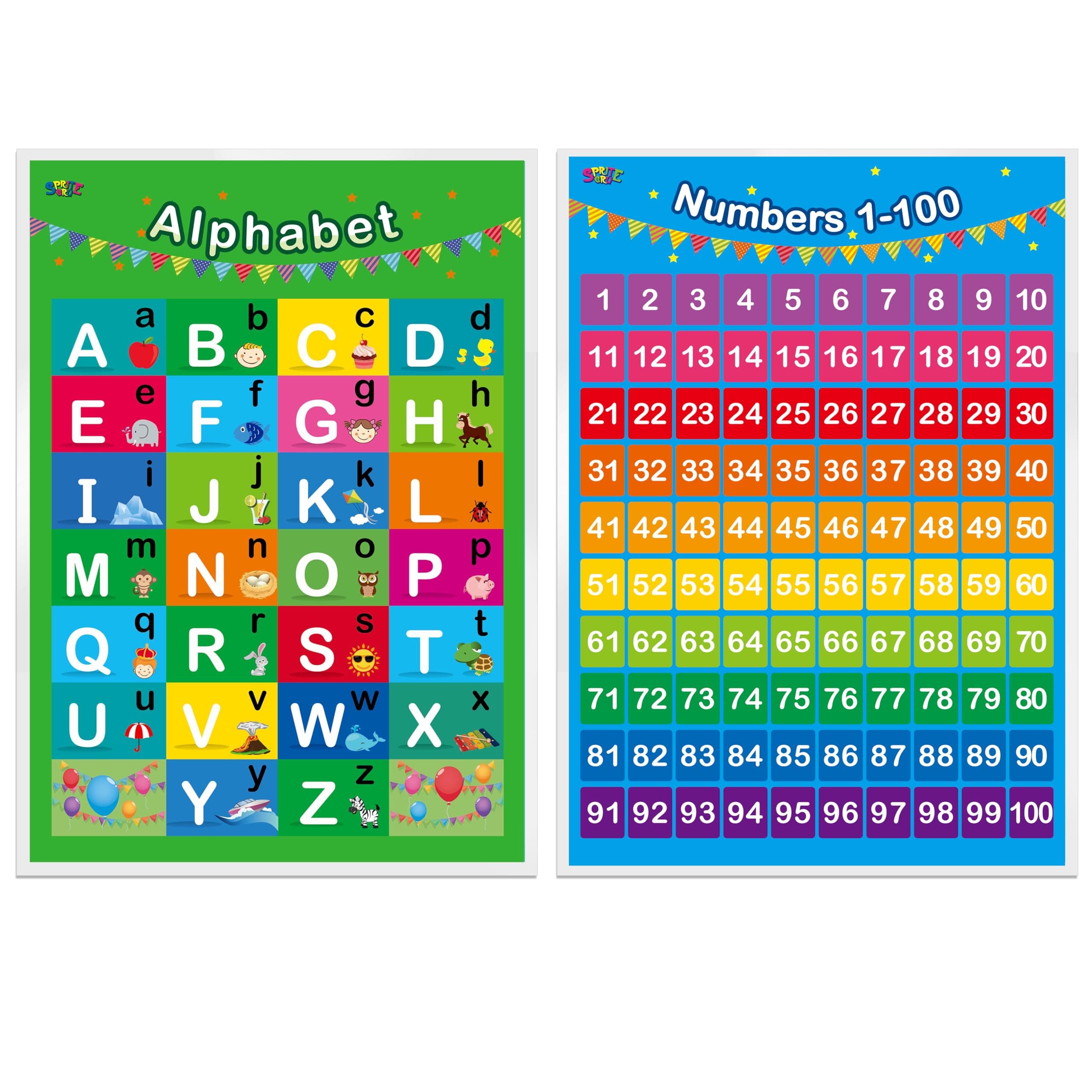 SpriteGru Alphabet, Numbers 1-100,2 LAMINATED Educational Posters for Toddlers 16x12inch
