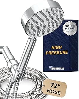 HammerHead Showers All Metal Hand Held Head with Hose and Holder Polished Chrome | 2.5 GPM Rainfall Flow with Removable Restrictor | 4" Handheld head 72 Inch Long Flexible Hose Adjustable Bracket