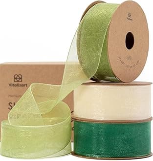 Vitalizart Green & Cream Ribbon Organza Sheer Ribbon 1 inch x 30 Yd Handmade Fabric Ribbons for Gift Wrapping Christmas Tree Crafts Bows Wedding Invitations Wreaths Wrap Sage Emerald
