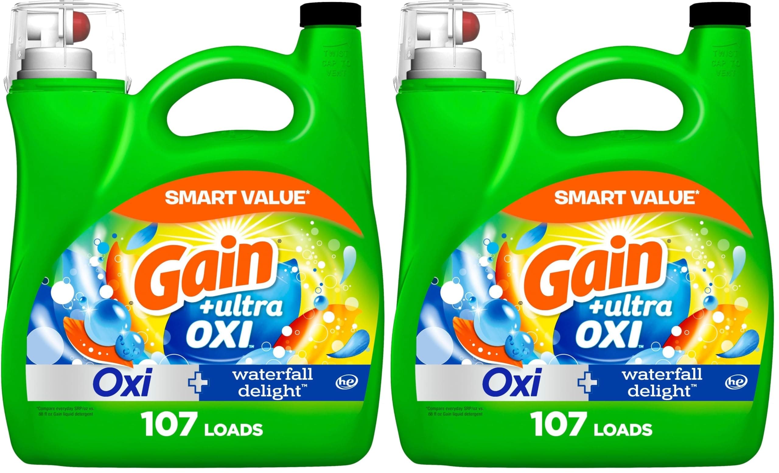 Gain Liquid Laundry Detergent, Waterfall Delight Scent | 107 Loads | Oxi Formula | HE Compatible | 154 fl oz