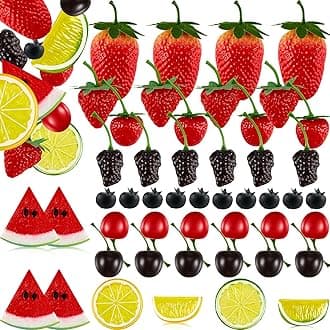 50 Pieces Fake Fruit Artificial Plastic Fruit, Fake Strawberries Cherries Mulberries Watermelon Slices Blueberries Lemon Slices for Home Kitchen Decoration Photography Prop Party Plastic Cake Crafts