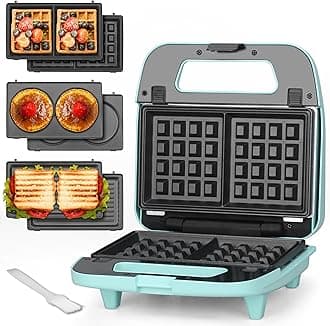 - Baker’s Friend 3 in 1 Mini Waffle Maker with Removable Plates, Mini Pancake Maker, Grilled Cheese Maker, Breakfast Sandwich Maker Press, Indoor Grill, Belgian Waffle Maker, Aqua