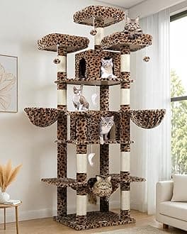 GloblazerBig Cat Tower for Indoor Cats, 80inch Cat Tower for Multiple Adult Cats XXL Cat Tree with Scratching Post, Hammock, 3 Perches, 2 Condos, 2 Hanging Basket, F80, Leopard Print