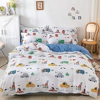 DJY Kids Car Duvet Cover Set Twin, 100% Cotton Cars Bus Print Bedding Set for Boys Girls, 2 Pieces Soft Breathable Reversible Comforter Cover Set (1 Duvet Cover+1 Pillowcase)