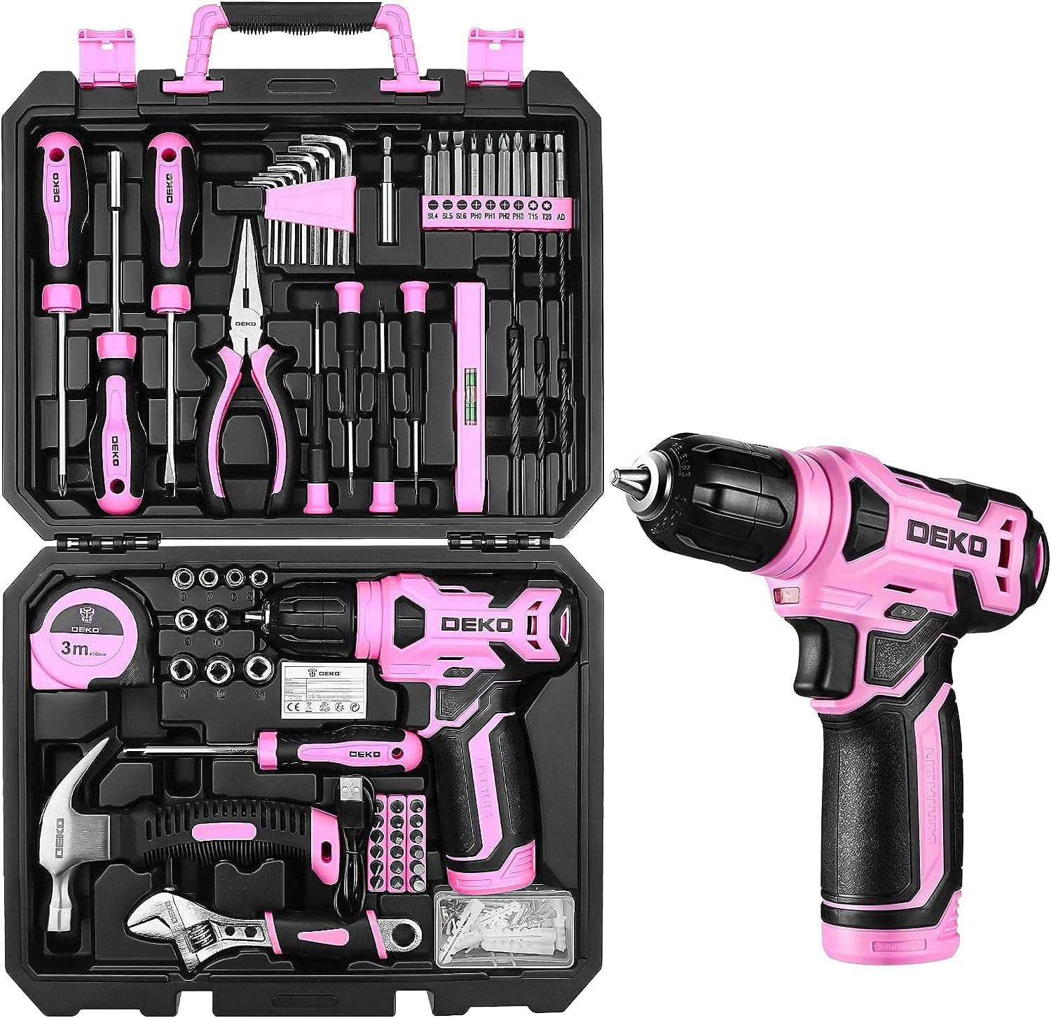 DEKO Pink Tool Kit: 126-Piece DIY Set with 8V Cordless Drill, Electric Drills & Hand Tools for Women