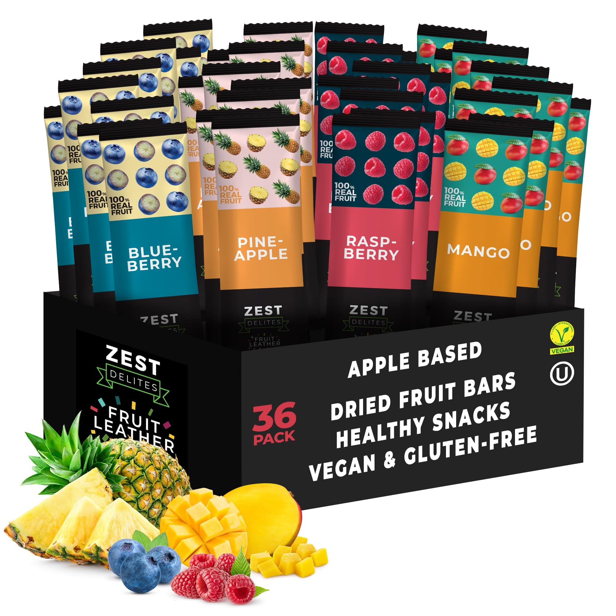 Fruit Snacks by Zest Delites, Fruit Leather Bars, Healthy Snacks for Adults & Kids, Vegan, Dried Apple-Based Pineapple, Mango, Blueberry, Raspberry Strips 0.88 oz x 36