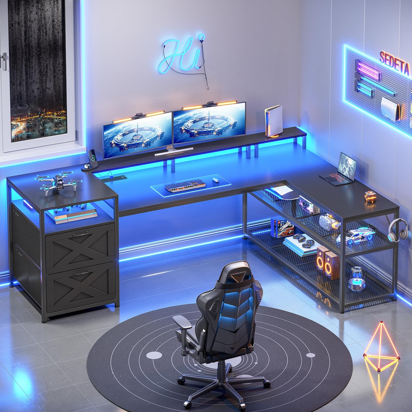 SEDETA 67" L Shaped Desk with Drawers, Computer Office Desk with Storage Shelves & Power Outlet, Reversible Gaming Desks with LED Lights for Home Office, Black