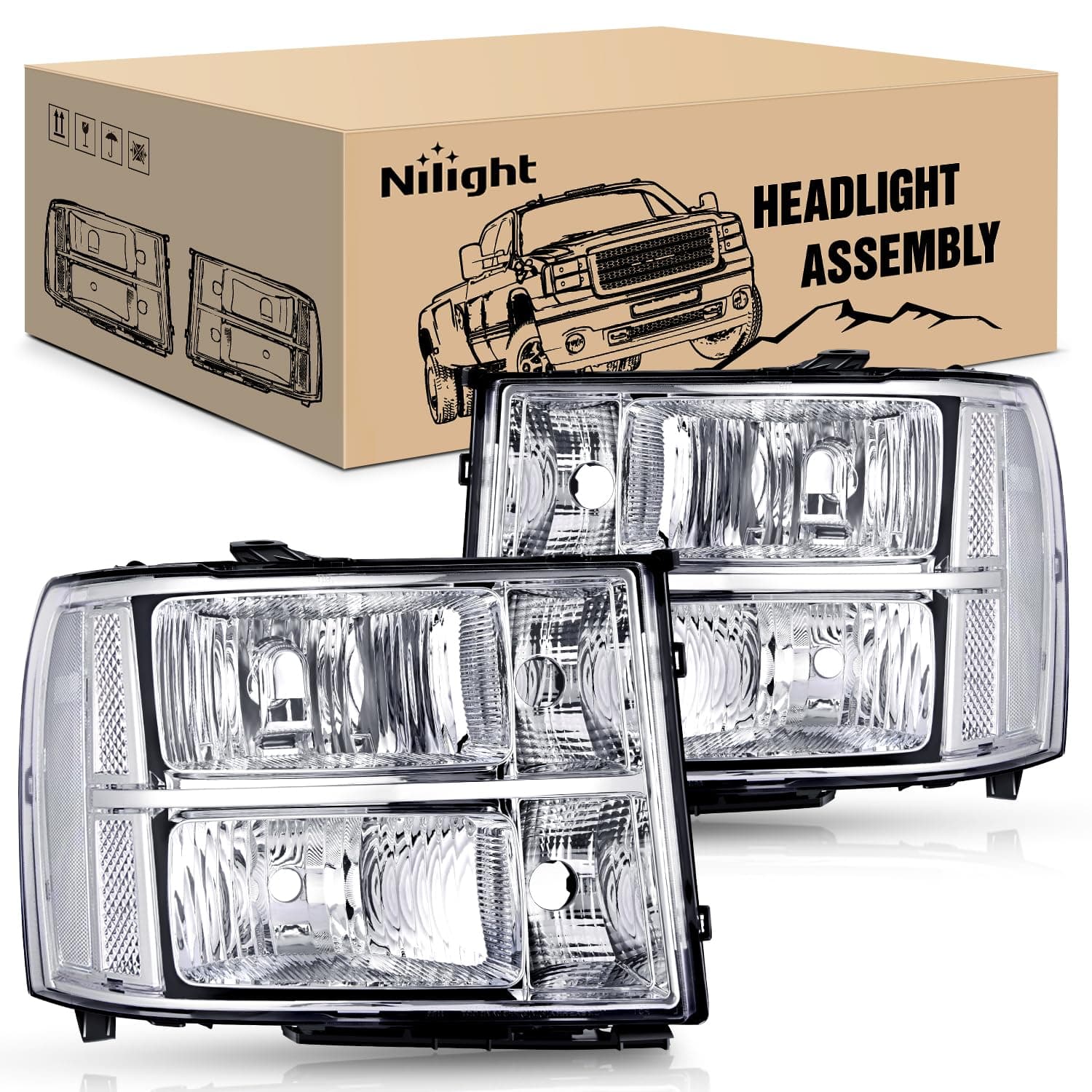 Nilight Headlight Assembly 2007 2008-2013 Sierra 1500 2008-2014 2500 Hd 3500 Chrome Housing Clear Corner Lens, Headlights Replacement