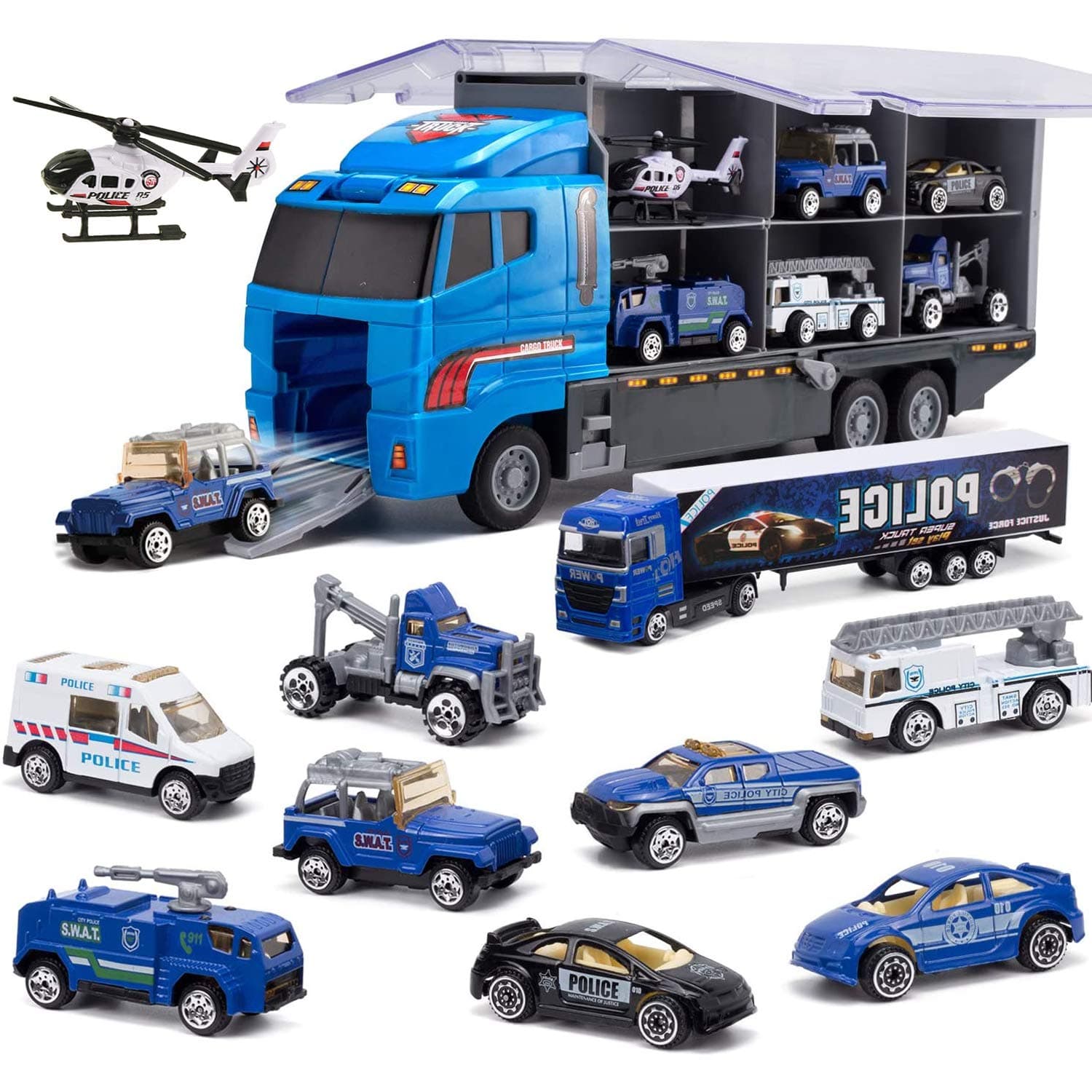Joyfia 10 in 1 Police Toys, Die-cast Police Patrol Rescue Truck, Mini Polices Vehicles in Carrier Car Toy Playset for 3+ Years Old Kids Boys Girls