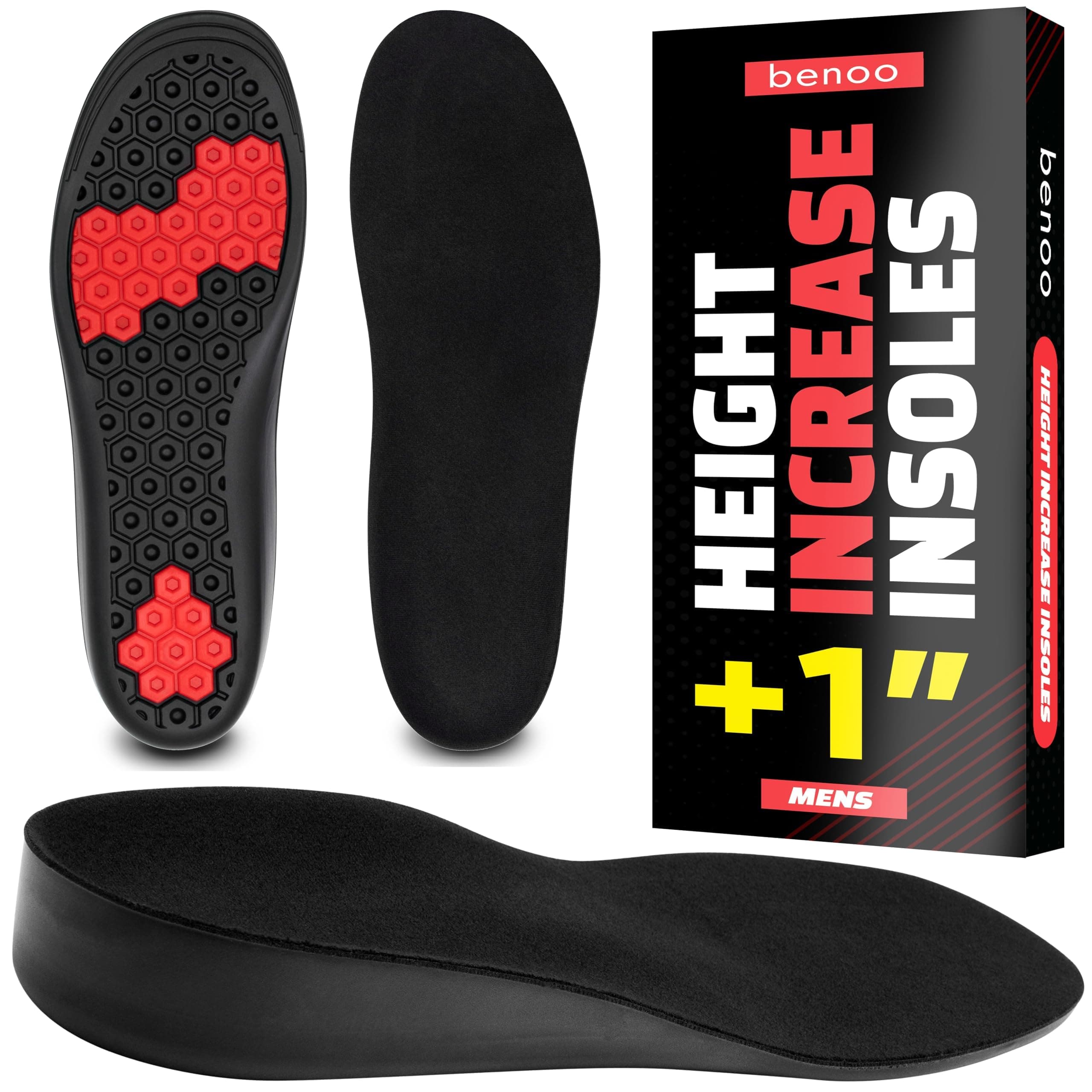 benoo Height Increase Insoles for Men (+1 inch) Instant Height Booster Insoles, Trim to Fit, Comfortable, Shoe Heel Lift (Mens 10-11.5)