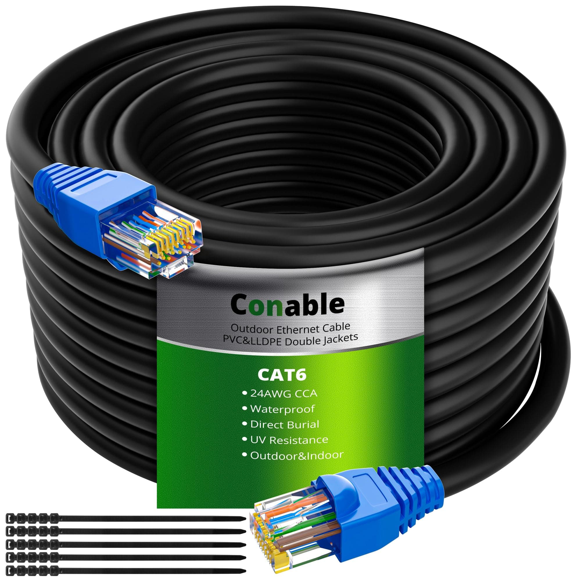 Cat6 Outdoor Ethernet Cable 100ft, Heavy Duty Double Jackets Internet Cord, Waterproof, Direct Burial, (from 25FT to 500 FT) Support PoE Cat6 Cat5e Cat5 Network, Cat 6 RJ45 Patch Cable with 25 Ties