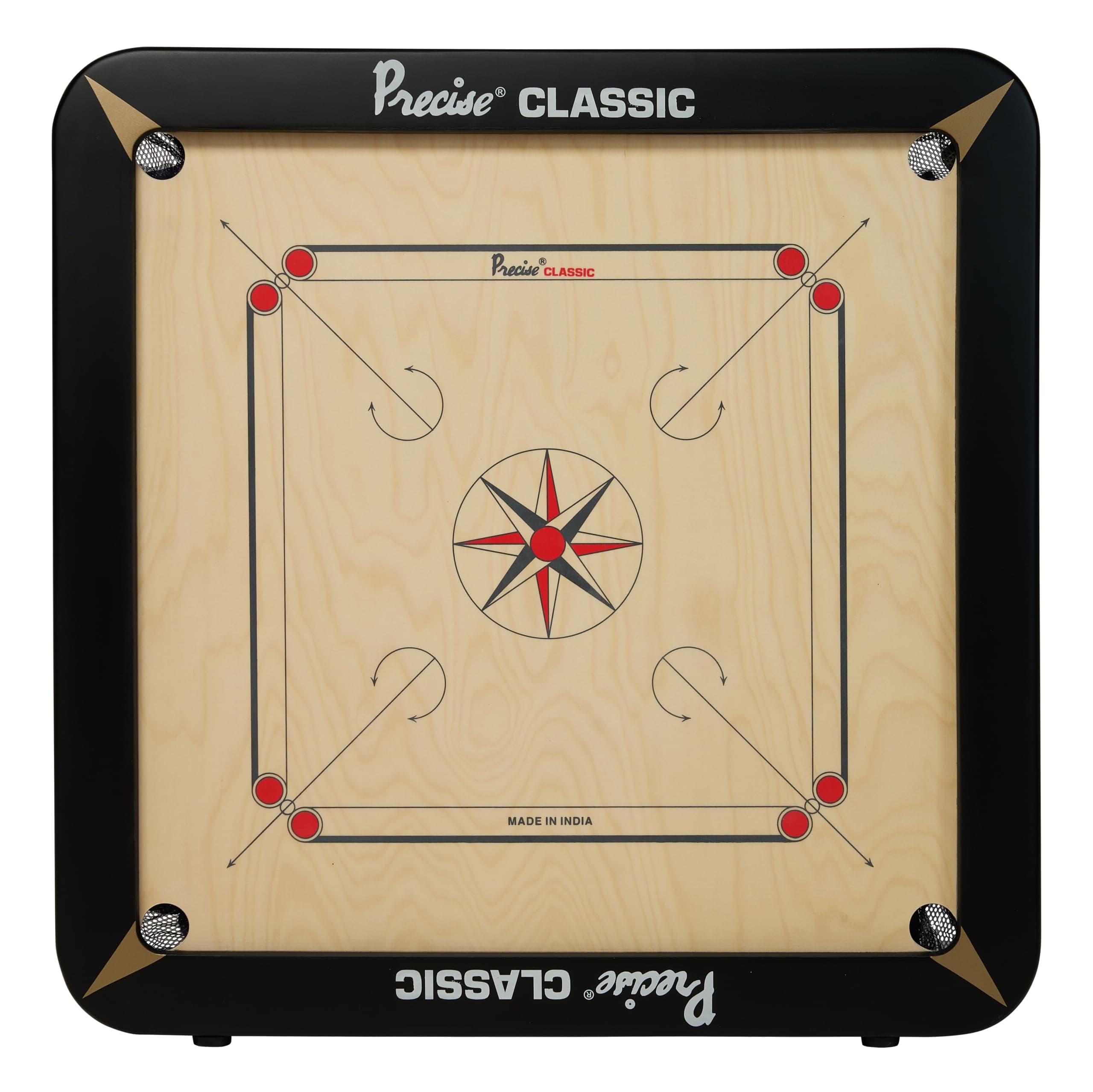 T TABAKH Precise Classic 24mm Carrom Board with Coins, Striker, and Powder, Black, 1-4 Players, Ages 13 and Up