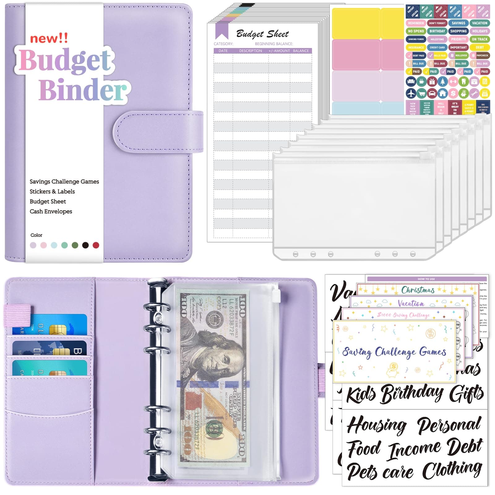 Budget Binder with Money Saving Challenge, Money Saving Binder with Cash Envelopes, Expense Sheets, Challenge Tracker & Category Labels, Envelope Savings Challenges Book for Home Office School