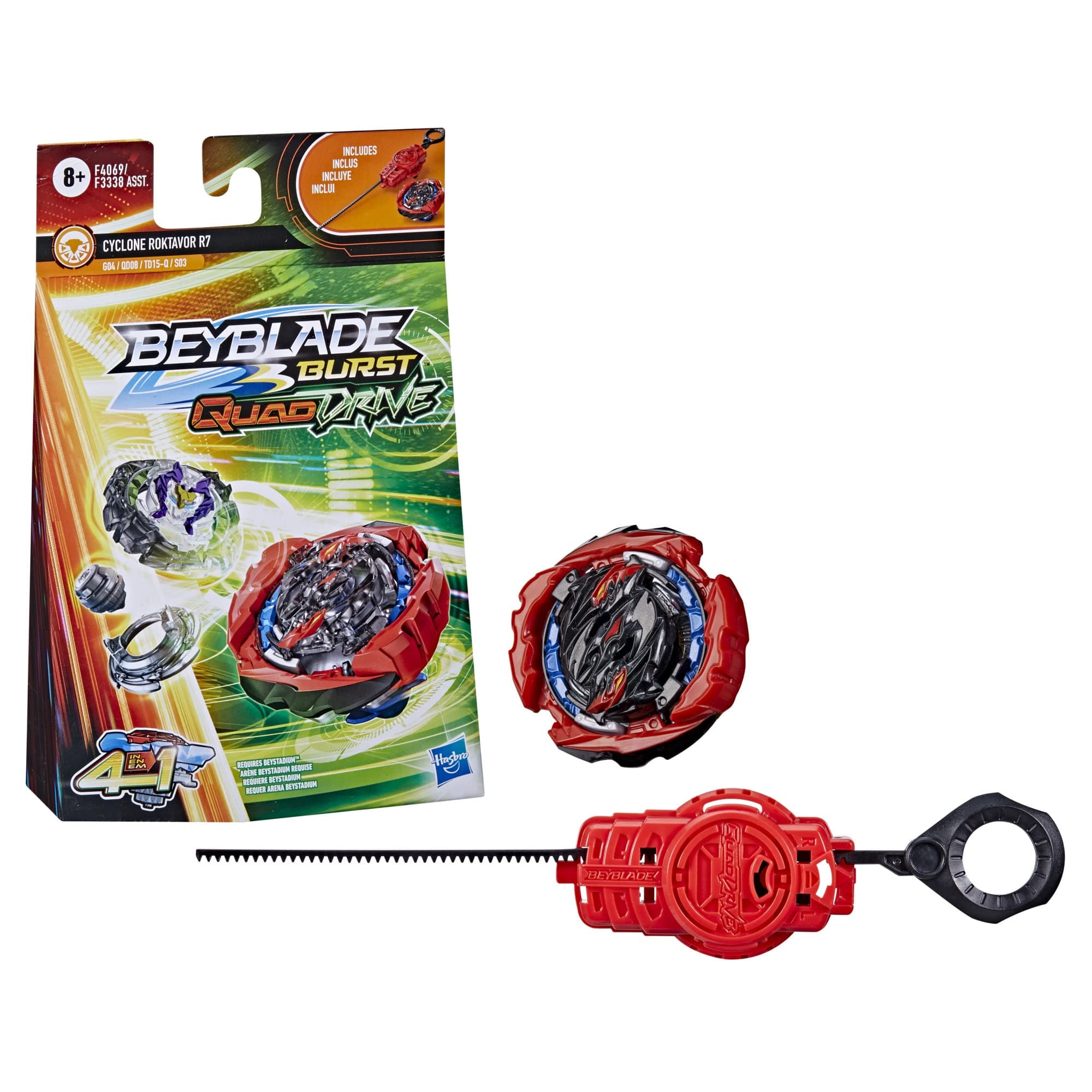 Burst QuadDrive Cyclone Roktavor R7 Spinning Top Starter Pack - Stamina/Defense Type Battling Game with Launcher, Toy for Kids