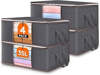 Lifewit 35L 4 Pack Clothes Storage Bag, Foldable Storage Boxes Wardrobe Storage Organiser Moving Bag with Reinforced Handle Sturdy Fabric Clear Window for Towel, Sweater, Bedding, Toys, Grey