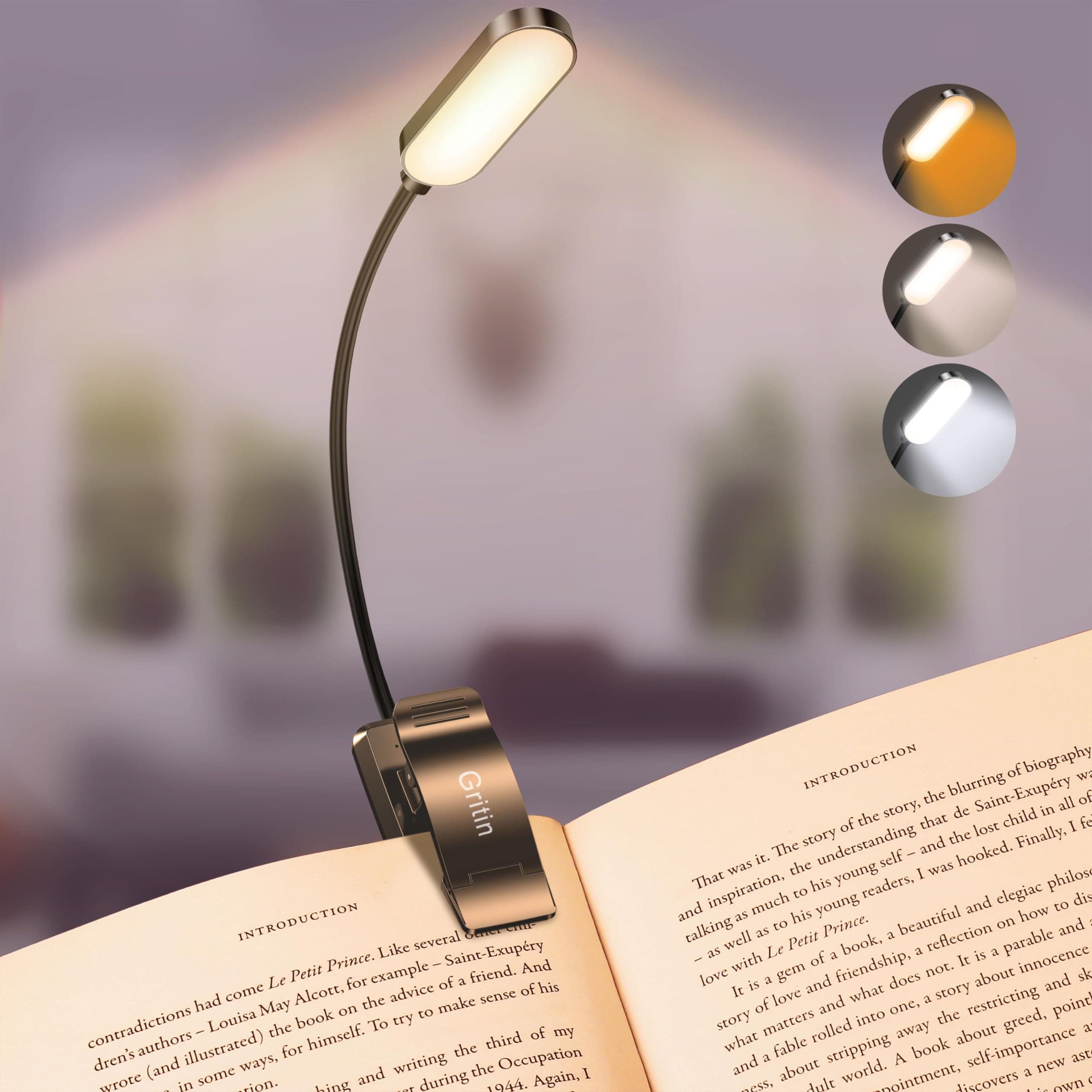 Gritin 16 LED Reading Light, Rechargeable Clip Reading Light, Gradual Dimming, 3 Eye Protection Modes (White/Amber/Mixed), 360° Flexible Neck for Reading in Bed