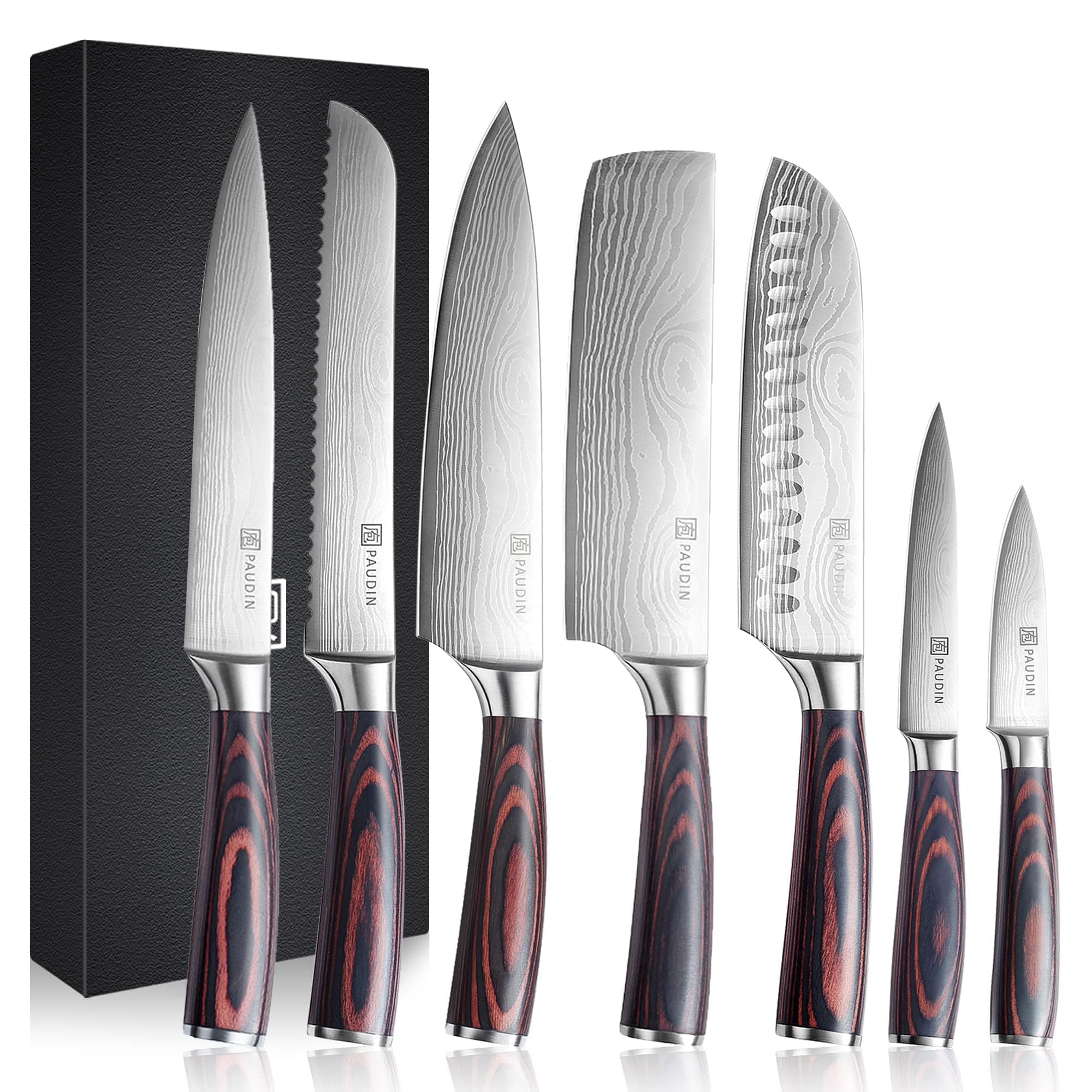 PAUDIN Knife Set, 7-Piece Kitchen Knives Set with High Carbon Stainless Steel, Professional Japanese Knife Set with Pakkawood Handle, Kitchen Knives with Gift Box