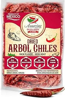 Chile De Arbol 4oz - Dried Whole Red Chili Peppers, Premium All Natural Stemless, Resealable Bag. Use in Mexican, Chinese and Thai Dishes. Spicy Hot Heat Full of Flavor