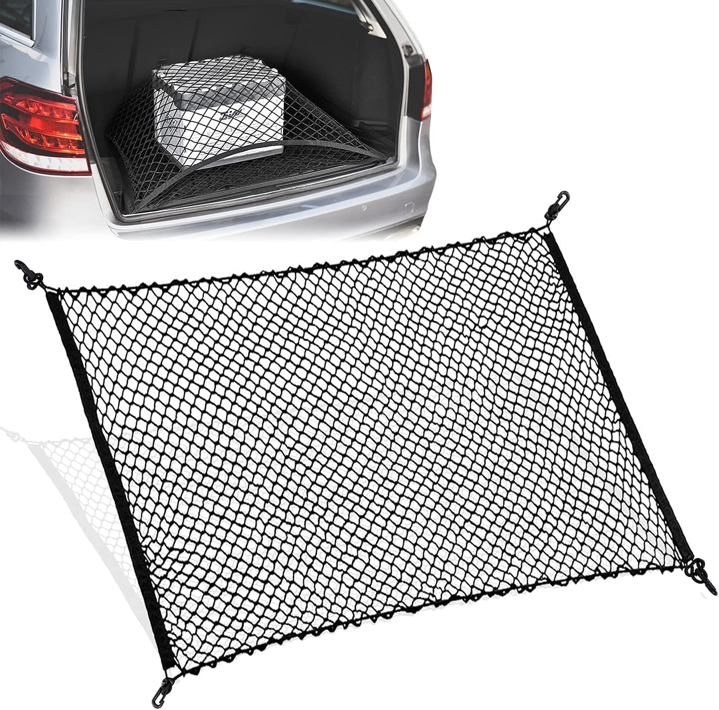 Rubik Car Trunk Net with 4 Hooks 70x70cm, Flexible Nylon Rear Cargo Storage Organizer Mesh Net for Nissan Patrol Armada Pathfinder Kicks Juke Murano Rogue Xterra (1 Pack)