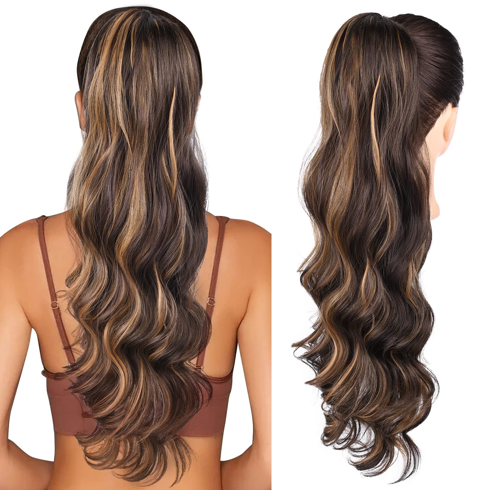 SEIKEA Ponytail Extension Drawstring, PT004 Gita Long Wavy Pony Tail for Black Women Natural Soft Clip in Ponytail Hair Extension 26 Inch 160 Gram Chocolate Brown with Blonde Highlights