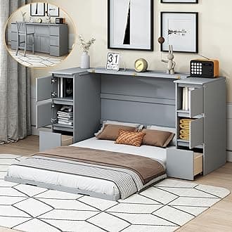 Full Size Murphy Bed Cabinet with Drawers & USB Ports,Folding Wall Bed Frame W/High Stool and Ample Storage,Space-Saving Hidden Platform Bed for Bedroom,Guest Room,Home,Office,Gray
