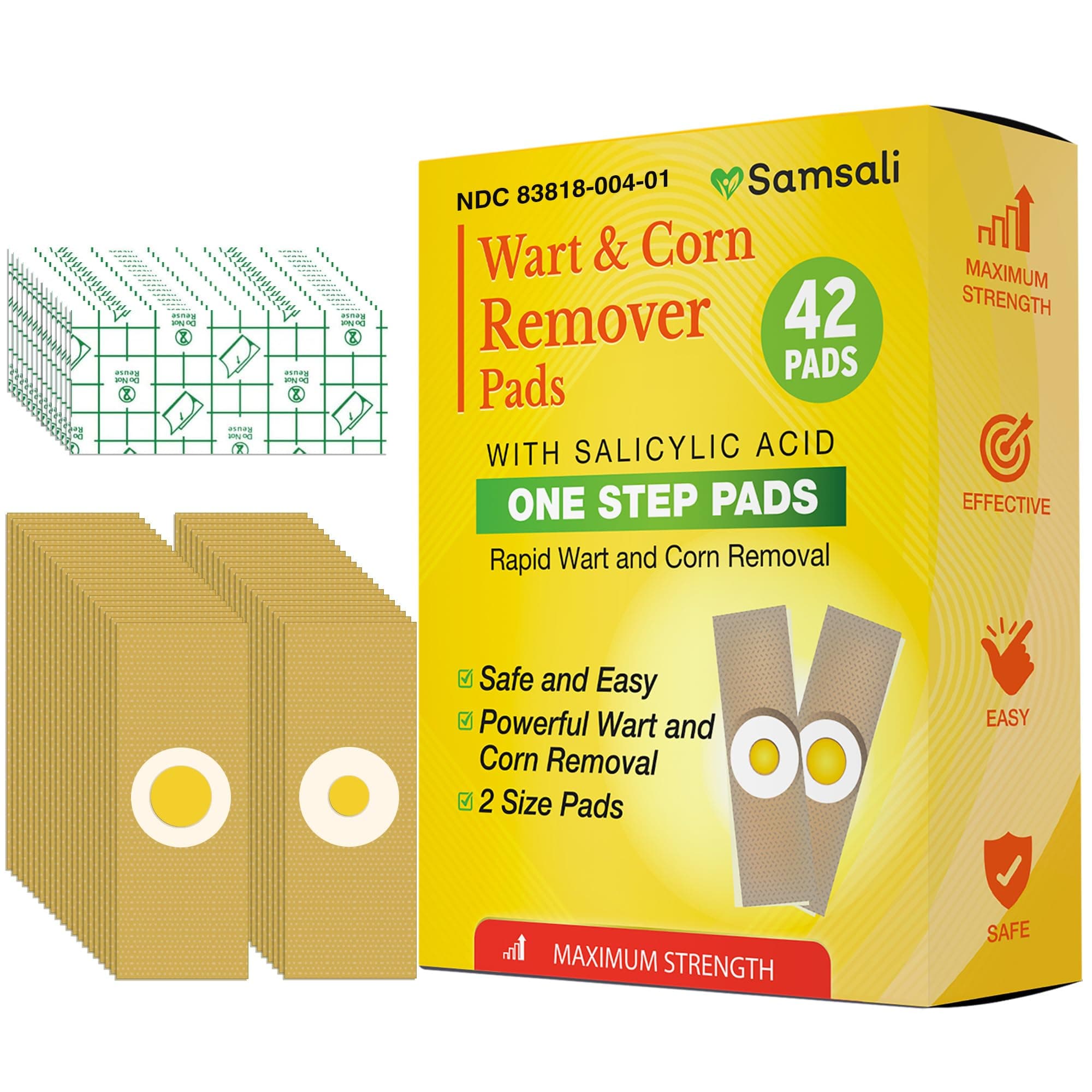Samsali Wart Corn Remover Pads for Feet: 42 Pack 40% Salicylic Acid Extra Strength Bandages for Plantar Warts Corns Small Callus on Feet Hands Toes - Safe Effective Treatment for Adults Teens