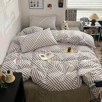 BlueBlue Abstract Kids Duvet Cover Set Queen 100% Cotton Bedding for Boys Girls Teens Simple Gray Stripe Line Pattern on White 1 Modern Geometric Full Comforter Cover 2 Pillow Shams, Queen