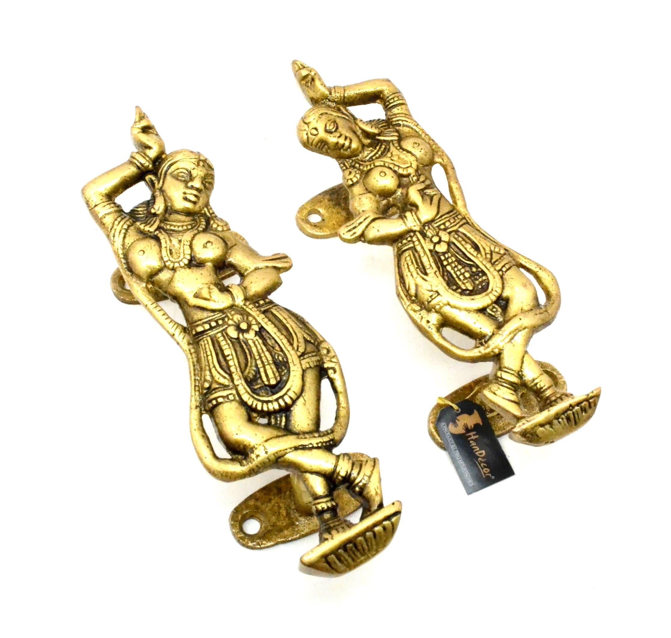 - Two Moustaches Ethnic Dancing Apsara Brass Door Handle Set, Brass Handles for Home & Pooja Decor, Door Handle for Mandir, Door Pulls, Door Handleset, Standard, Antique Yellow, Pack of 2