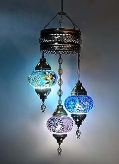 Asylove Turkish Ceiling Lamp, Mosaic Pendant Lamp Turkish Chandeliers 3 Globe Moroccan Ceiling Lighting Art Deco Brillant Fixture, 5 inc Globe - Total Dimensions 14x14x35 inch (Colormix 3)