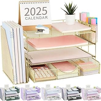 Desk Organizers and Accessories with File Holder, 4-Tier Desk Accessories & Workspace Organizers with Drawer and 2 Pen Holder, Paper Organizer for Office Supplies(Gold)