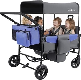 Lightweight Wagon Stroller for 4 Kids, All-Terrain Push Pull with Adjustable Handle, Removable Canopy, Large Storage Basket, Compact Fold (Grey)