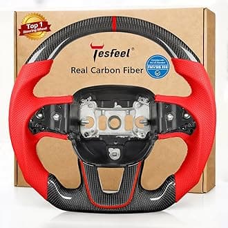 Carbon Fiber Steering Wheel for Dodge Challenger for Charger 2015-2024, Red Perforated Leather & Stitching Steering Wheel with Flat-Bottom D-Shaped Design Fits for SXT/GT/RT/SRT/for Hellcat
