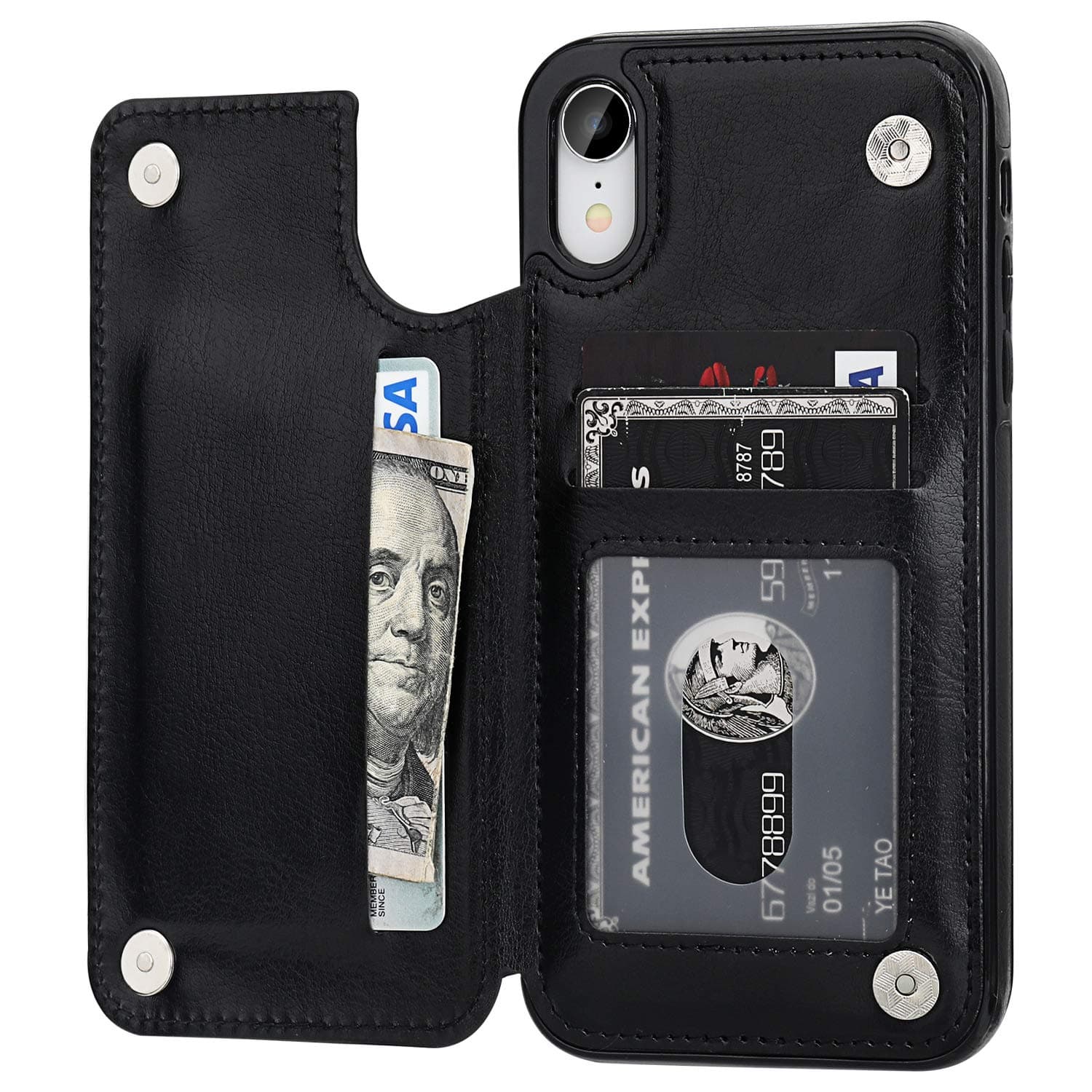 OT ONETOP iPhone XR Wallet Case with Card Holder, Premium PU Leather Kickstand Card Slots Case,Double Magnetic Clasp and Durable Shockproof Cover for iPhone XR 6.1 Inch(Black)