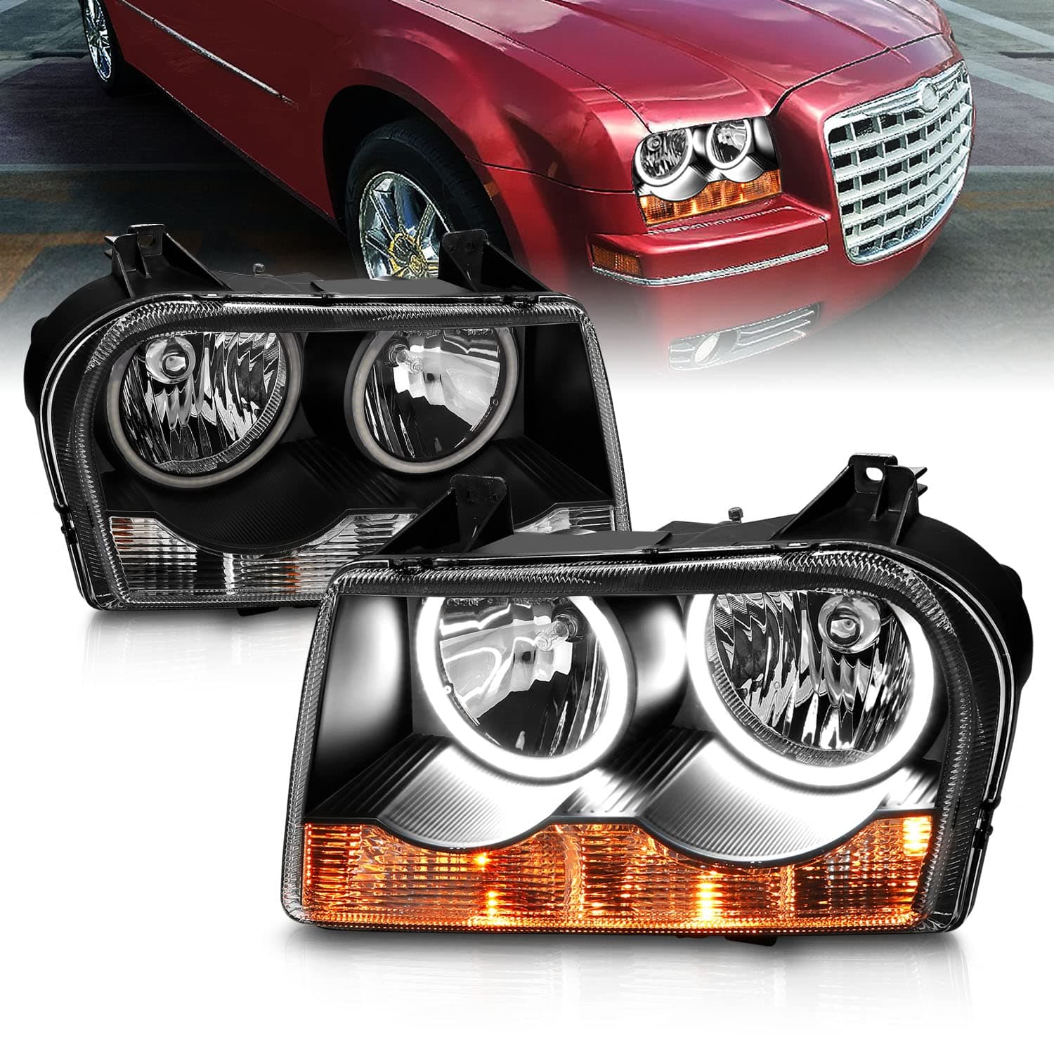 AmeriLite for 2005-2010 Chrysler 300 [Halogen Type] Xtreme Dual LED Halos Black Headlights Assembly Set - Passenger and Driver Side
