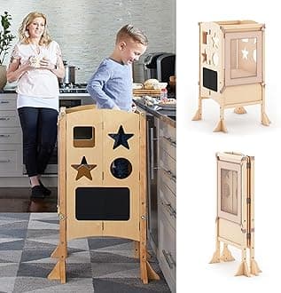 Classic Kitchen Helper - Natural: Adjustable Height, Folding Step Stool For Little Kids, Toddler Safety Cooking Tower with Write-on Wipe-off Message Boards. Kids Learning Furniture