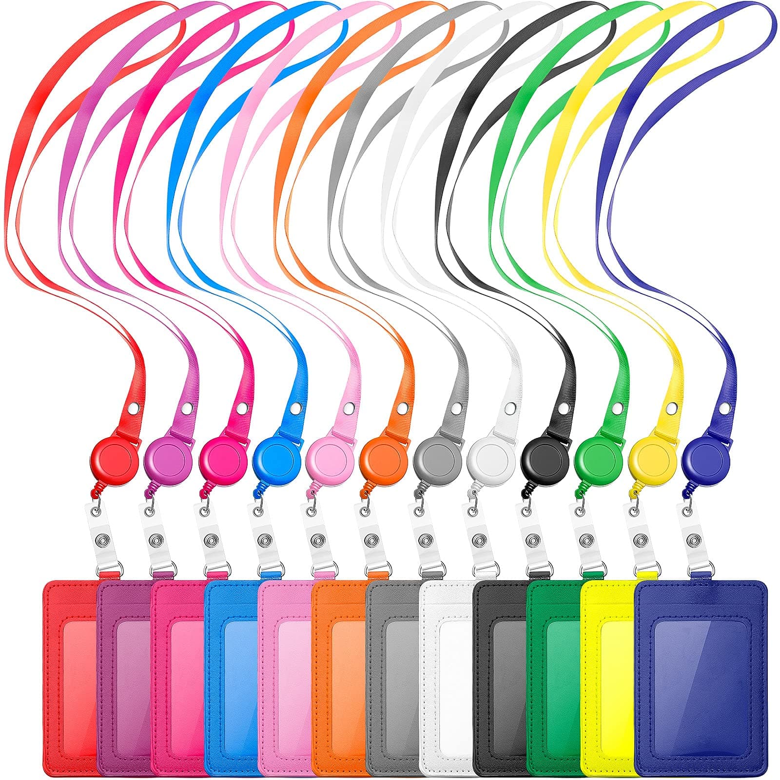 12 Sets ID Holder Badge with Lanyards Retractable Name Badge Reel PU Leather Waterproof Clear Card Holder with 1 Transparent ID Window 1 Credit Card Slot for Women Men Nurse School Office (Vertical)