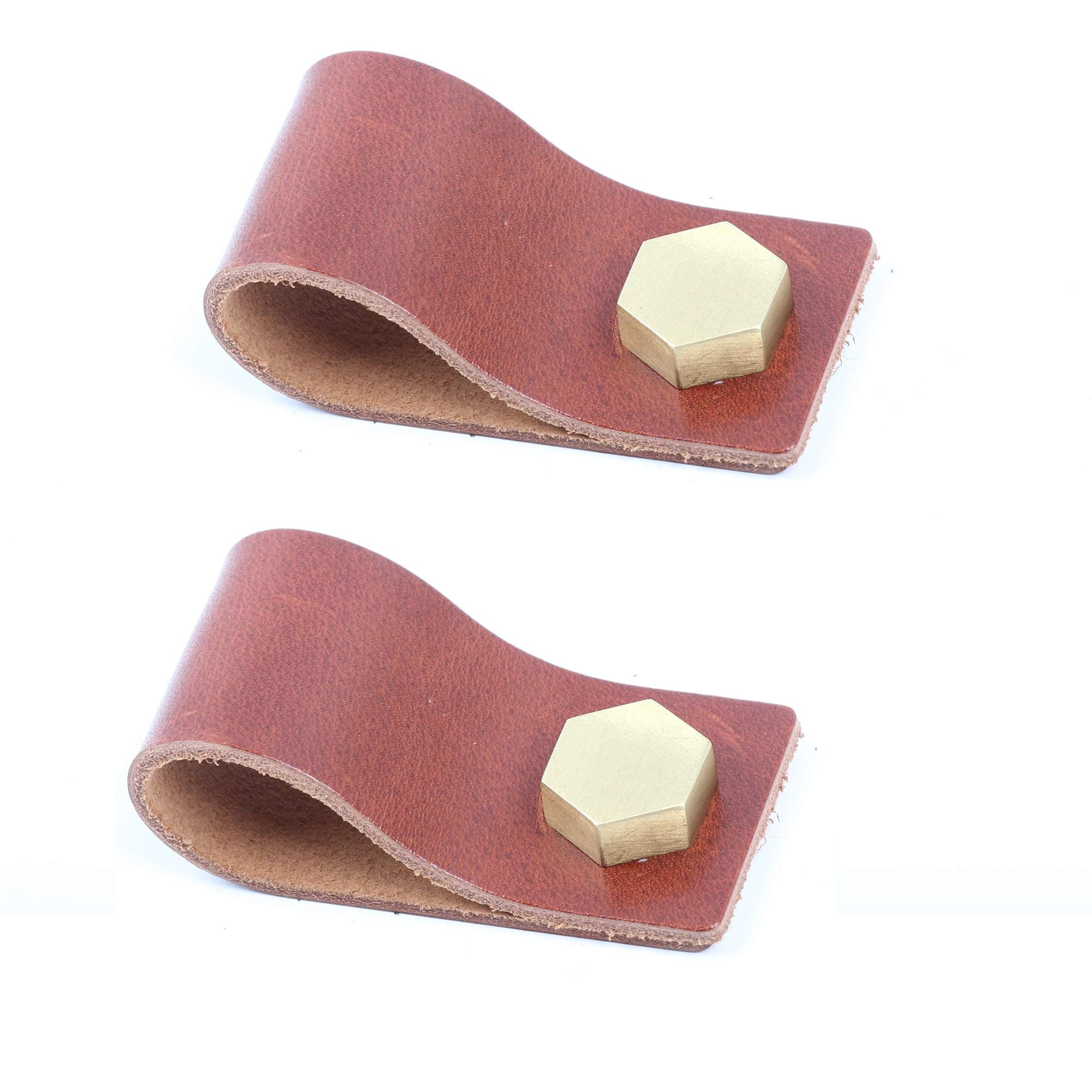 Cabinet Drawer Pull,Brown, 5.1" Real Genuine Leather with Brass Hexagonal Hardware, Set of 2,Cristmas Gift
