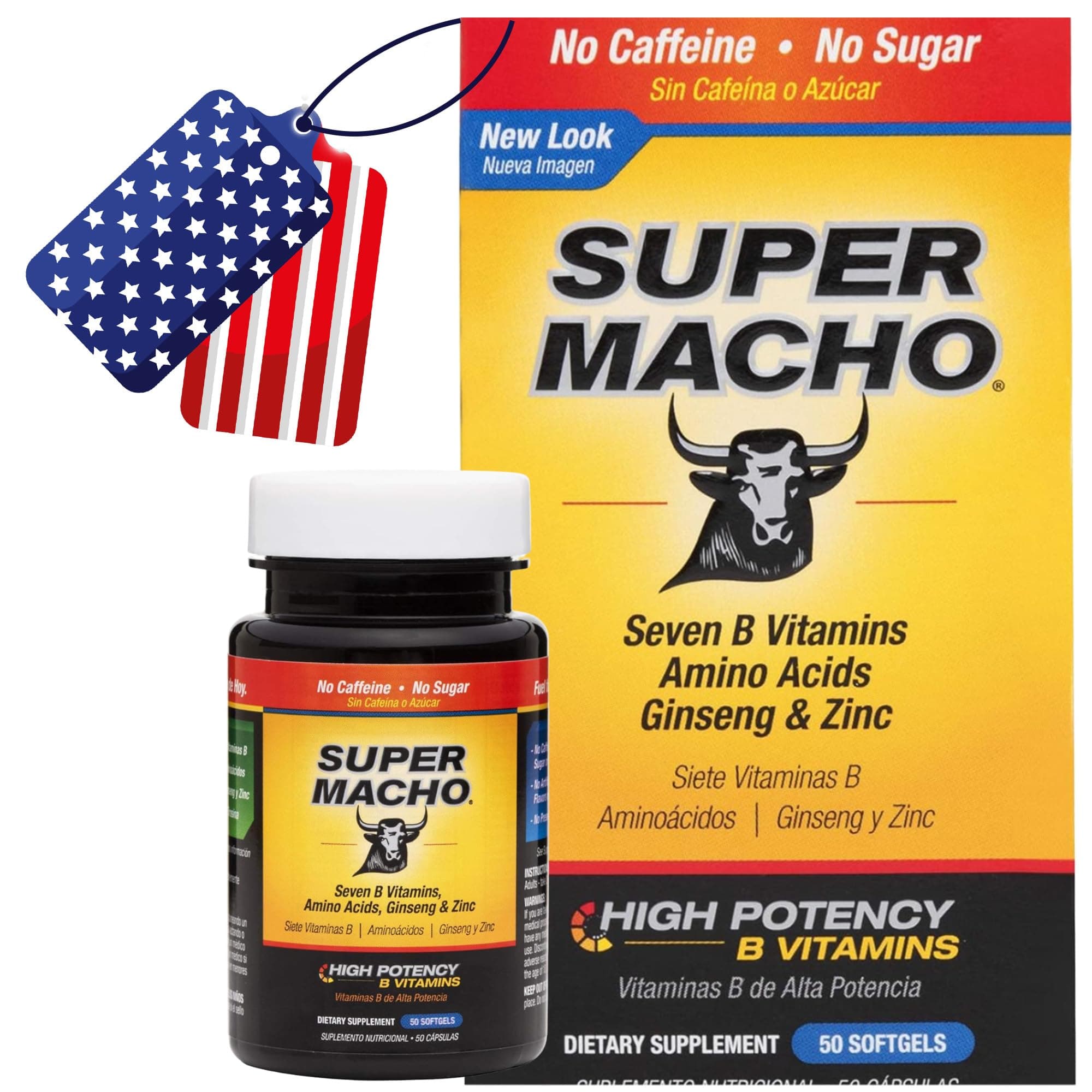 DLC SUPER MACHO, High Potency B Vitamins and Amino Acids, Fuel for today´s Active Men, No Caffeine, No Sugar, Dietary Supplement, 50 Soft gels, Jar.
