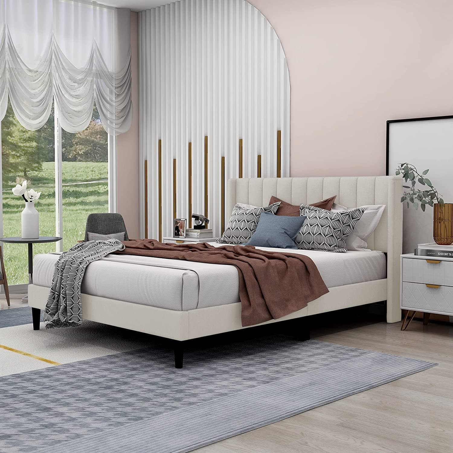 Queen Upholstered Platform Beds Frame with Headboard, Mattress Foundation, Wood Slat Support, Quiet, no Box Spring Needed, Easy to Assemble Cream White Beige