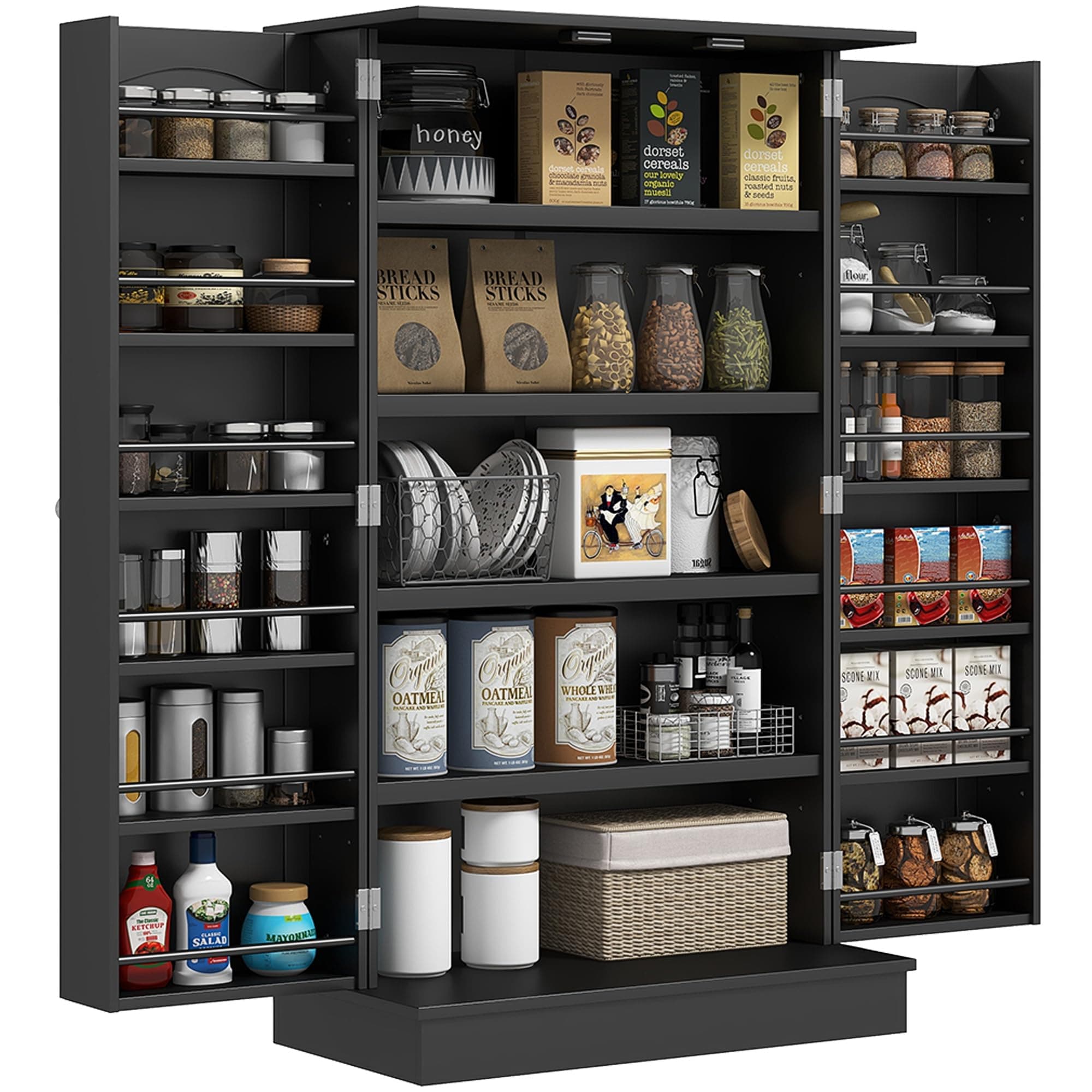 HOMCOM 41" Kitchen Pantry Storage Cabinet, Freestanding Kitchen Cabinet with 12 Door Shelves, Double Doors, 5-Tier Shelving and Adjustable Shelves, Black