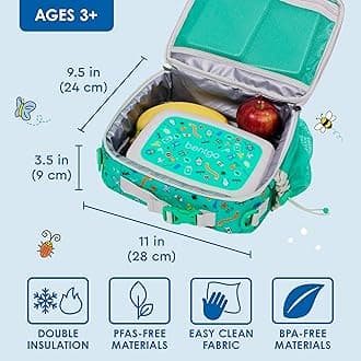 Bentgo® Kids Lunch Bag - Durable, Double-Insulated Lunch Bag for Kids 3+; Holds Lunch Box, Water Bottle, & Snacks; Easy-Clean Water-Resistant Fabric & Multiple Zippered Pockets (Bug Buddies)
