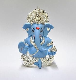 Gold Art India 999 Silver Plated Idol for Ganesh Idol for Car Dashboard God Ganesha Idol for Home Decor Ganpati for Gift 3.5 inches (Silver) (Silver Sky Blue), Idol