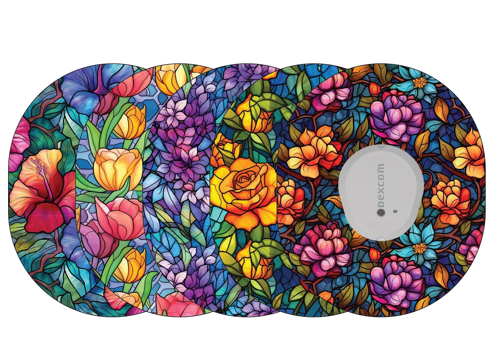 Glucomart Adhesive Patches for Dexcom G7, Stelo & Infusion Sets – 5-Pack Waterproof, Sweatproof CGM Overpatches – Hypoallergenic CGM Patches (Stained Glass Flowers)