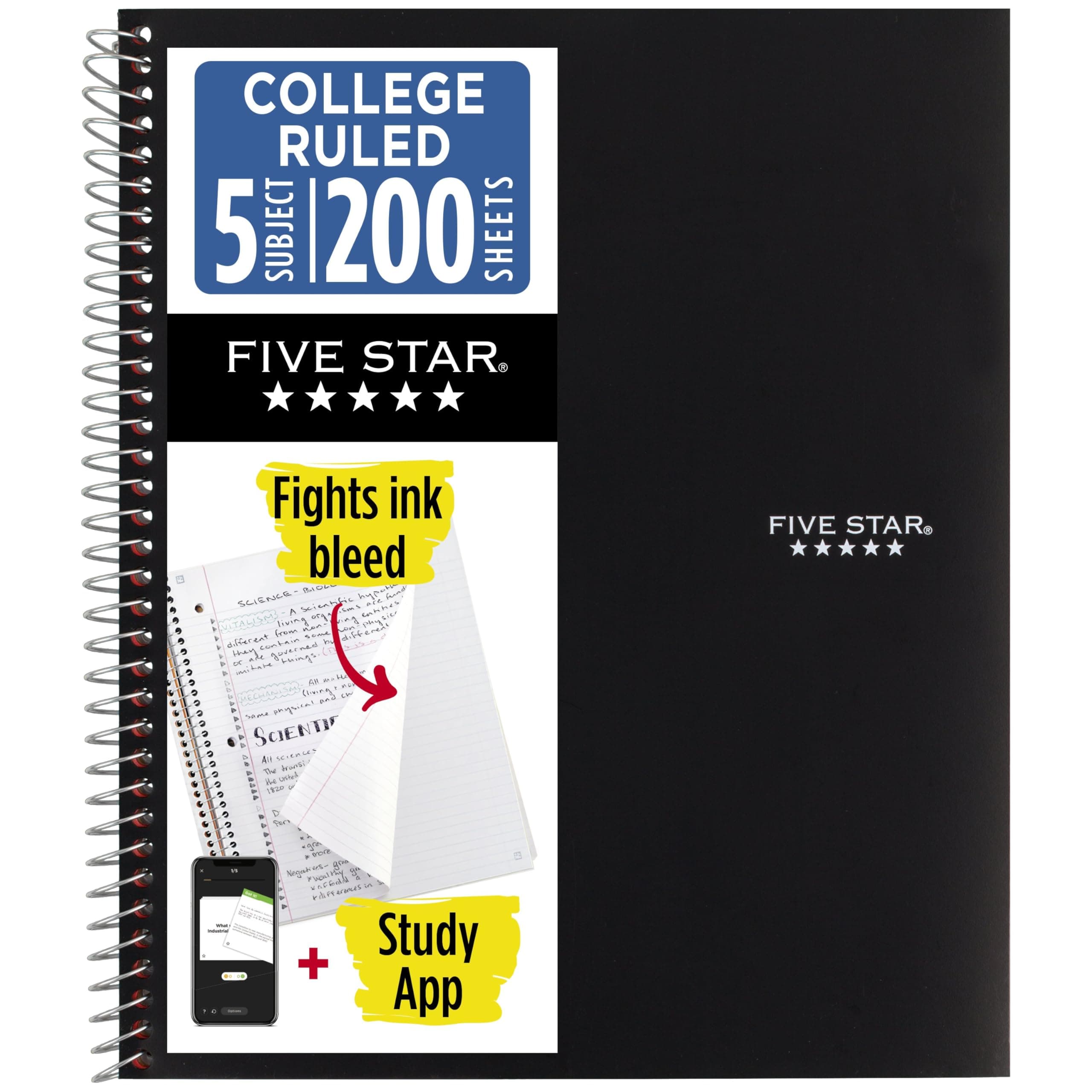 Five Star Spiral Notebook + Study App, 5 Subject, College Ruled Paper, Fights Ink Bleed, Water Resistant Cover, 8-1/2" x 11", 200 Sheets, Black (72081)
