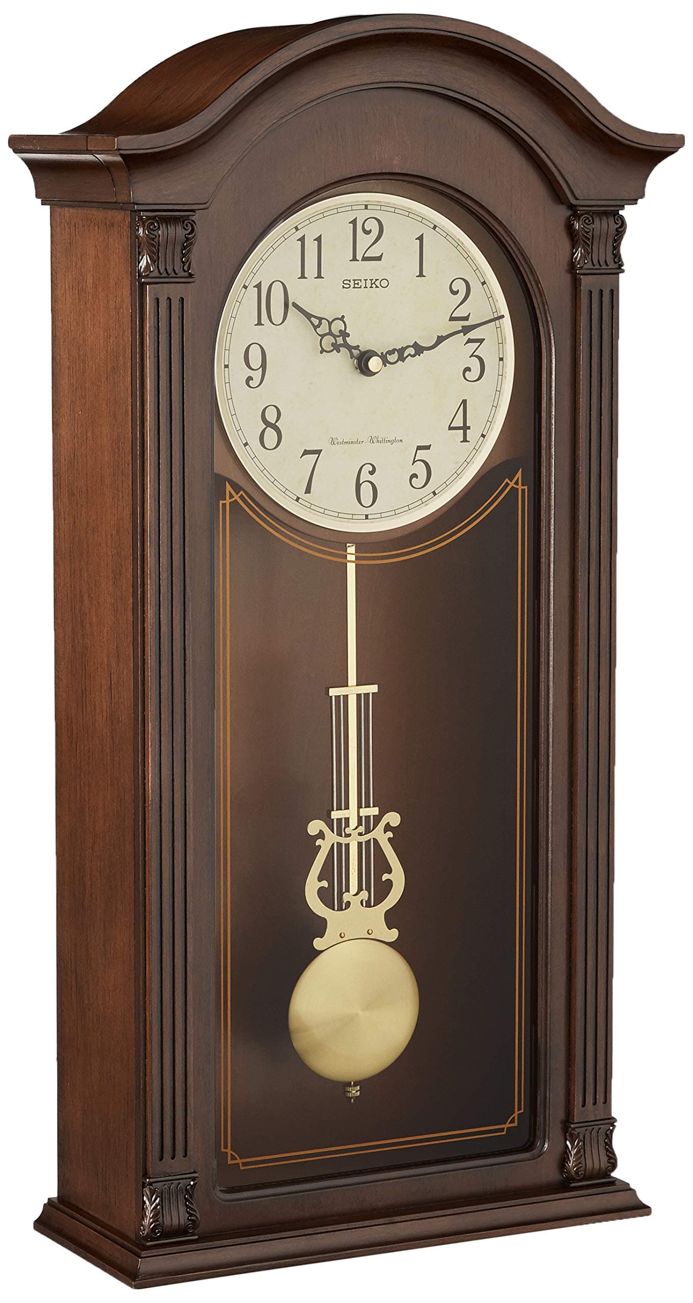 Seiko Gold Tone & Arched Wall Clock with Pendulum and Dual Chimes