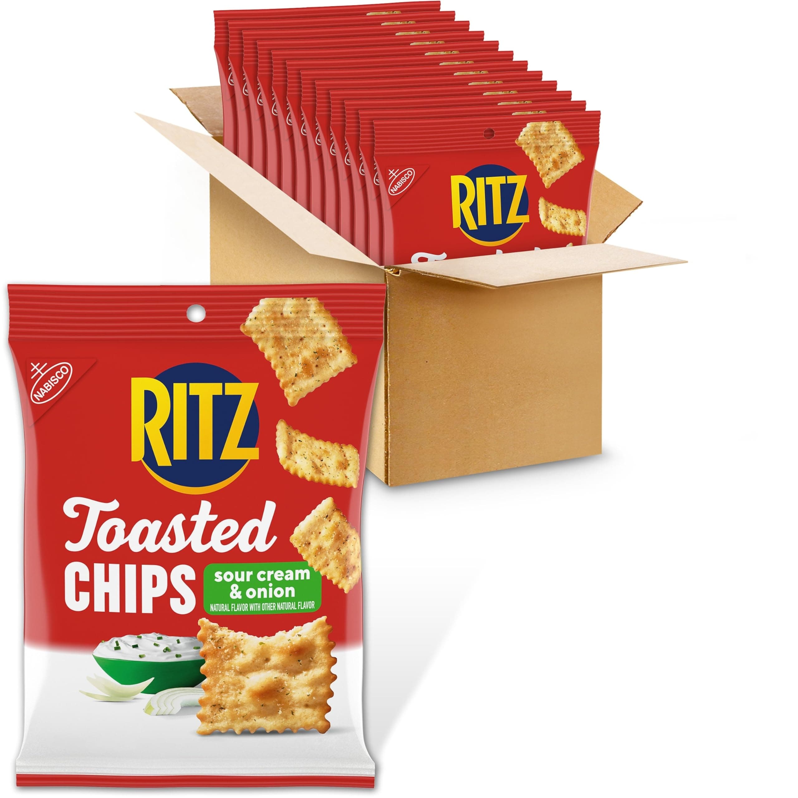 RITZ Toasted Chips Sour Cream and Onion Crackers, Bulk Individual Snacks, 12 Snack Packs