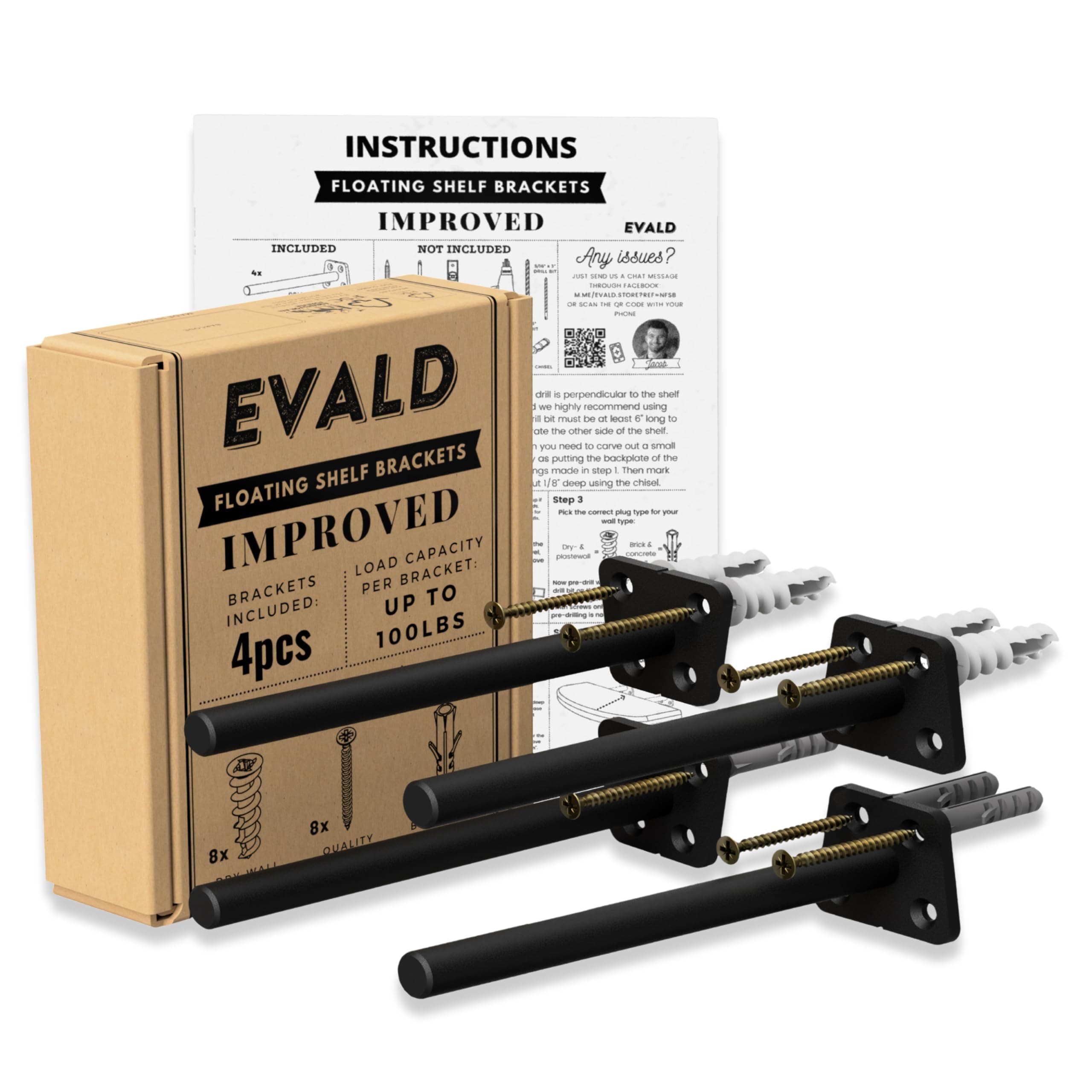 EVALD Hidden Floating Shelf Bracket | 8-Inch Heavy Duty Blind Shelf Support | Kitchen & Fireplace Mantel Bracket | Invisible Wall Mount Bracket 4 Pack