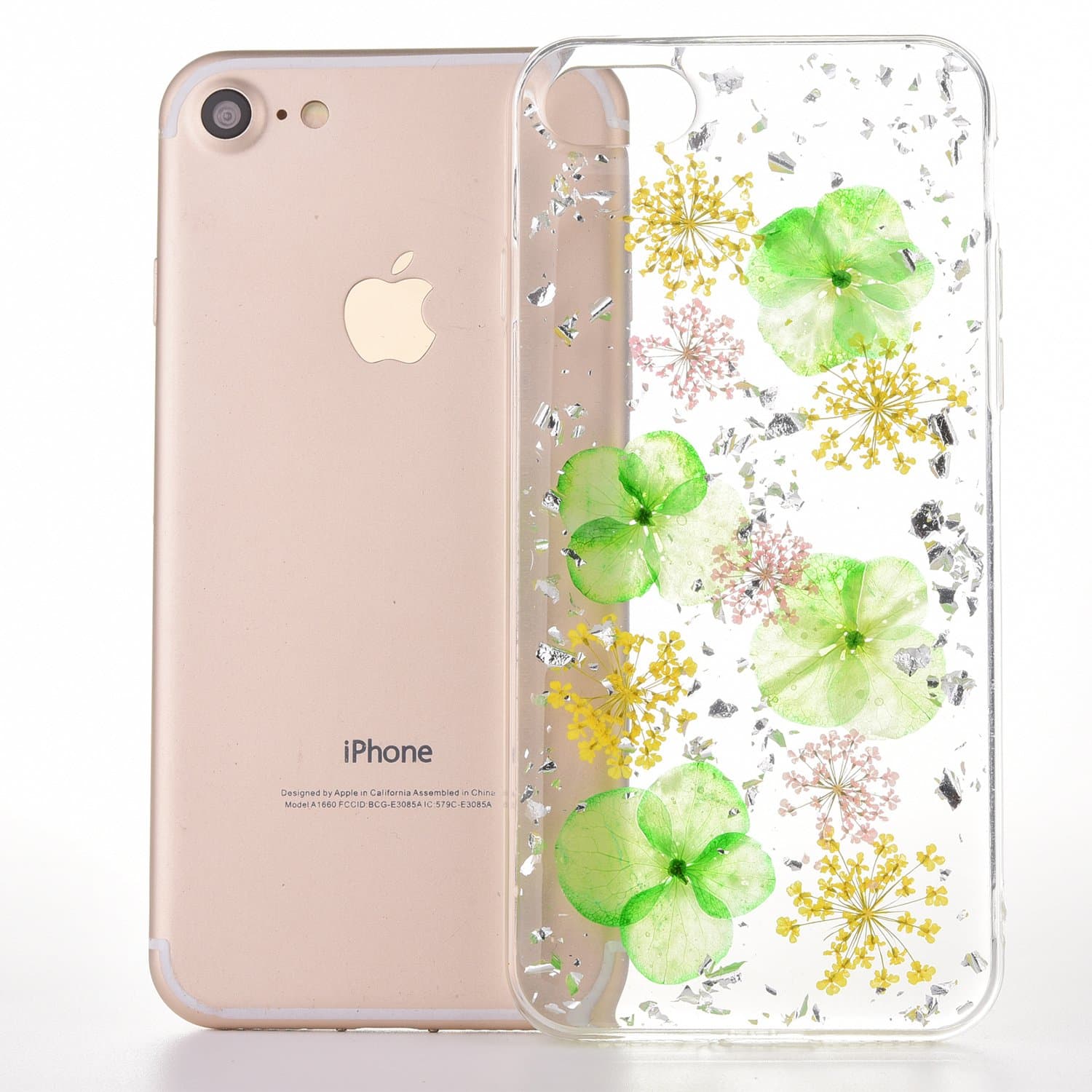 MAOOY Cover for iPhone 6, iPhone 6s Elegant Nature Real Flower Leaves and Shiny Gold Foils Design Cover for Girls and Women, Flexible Rubber Skin Ultra Lightweight for iPhone 6/6s, Green Pink Petals